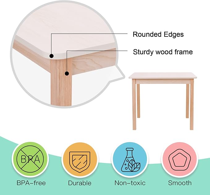 TOOKYLAND Wood Kids Table and Chairs Set, Waterproof Desktop, Easy to Clean, Smooth Edge, Ideal Toddler Table Chairs Set for Eating, Snack Time and Play Games