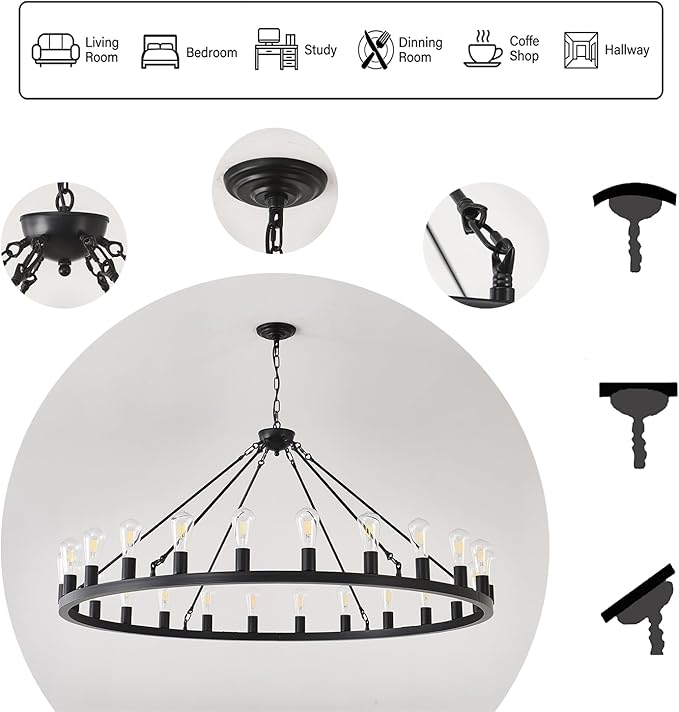 53” Large Farmhouse Wagon Wheel Chandelier,Black Rustic Chandelier 24-Lights,Round Dining Room Light with Adjustable Height,Industrial Ceiling Light Fixtures for Kitchen,Foyer,Porch,Living room