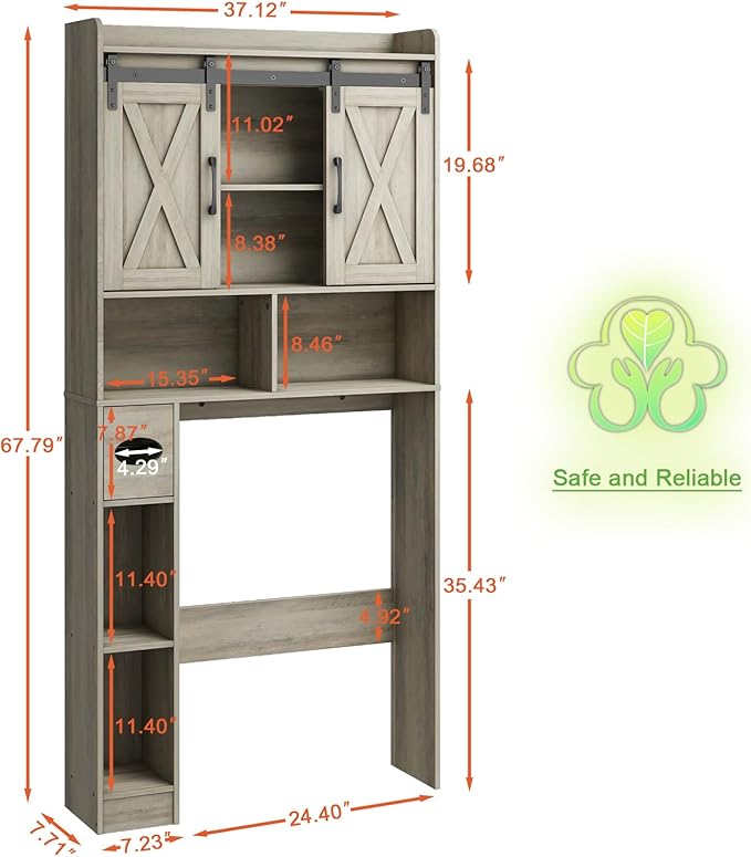 Vabches Over The Toilet Storage Cabinet, Farmhouse Storage Cabinet Over Toilet with Sliding Door& Toilet Paper Holder Stand,Home Space-Saving Toilet Rack, for Bathroom, Restroom, Laundry