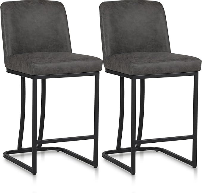 PHI VILLA Dark Grey Bar Stools Set of 2, Faux Leather Counter Height Chairs, Kitchen Stools for Island, 24 Inch Barstools with Back