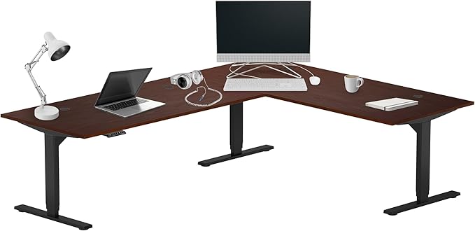 Progressive Desk Stand Up Height Adjustable Standing Desk - L Shaped 85" x 72" Corner Computer Rising Workstation Electric Table - Dark Cherry, Black Frame