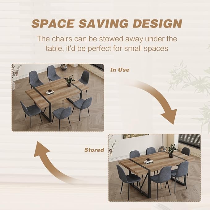 Dining Table Set for 6,Dinner Table Set for 6,71'' Kitchen Table and Suede Nap Fabic Chairs Set of 6,6 Chair Dining Table Set for Kitchen Dining Room