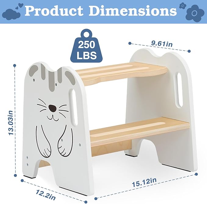 Wooden Step Stool - Two Step Stools Toddler 250 lbs Capacity with Safety Non-Slip Pads - Potty Training Stool for Bathroom Sink, Bedroom, Kitchen Dual Height Step Stools for Kids(Cat|White)
