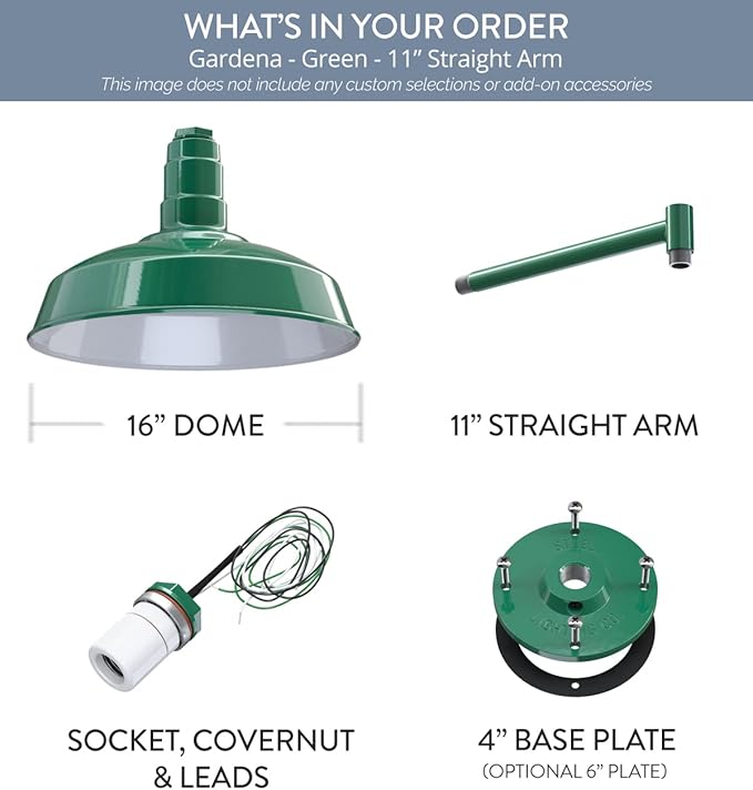 Steel Lighting Co. Gardena Barn Light | Outdoor Wall Mounted | 16" Dome | 11" Straight Arm | Farmhouse Light Made in America | Green Exterior/White Interior