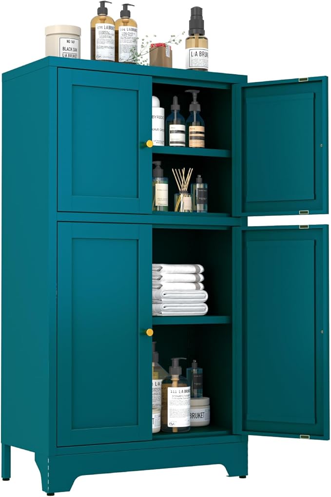 Metal Bathroom Storage Cabinet, Freestanding Pantry Floor Cabinet with 4 Doors and 2 Adjustable Shelves for Living Room, Dining Room, Kitchen (Blue, 43.3" H-4 Doors)