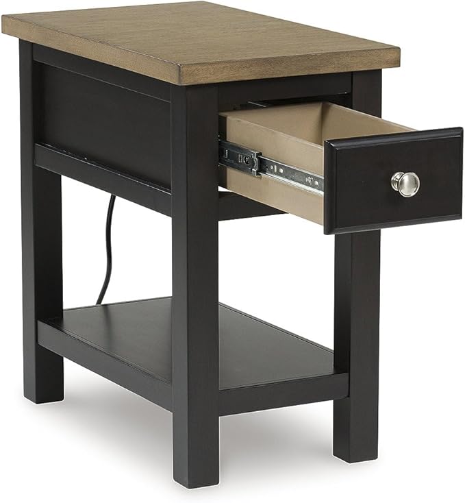 Signature Design by Ashley Drazmine Casual 1 Drawer Chair Side End Table with USB Charging Ports, 1 Lower Shelf and Power Cord, Light Brown & Black