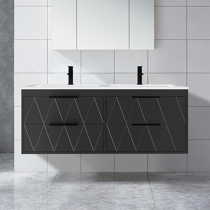 eclife 48" Bathroom Vanities Cabinet with Sink Combo, Wall Mounted Floating Cabinet W/Decor Line, Soft-Close System, 4 Extra Big Drawers, Matte Black Faucet, Black