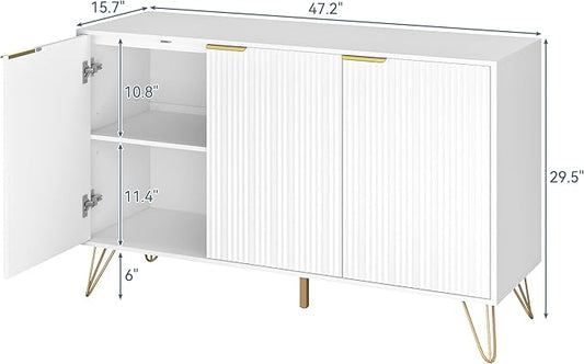 Fluted Buffet Cabinet,Wooden Console Storage with 3 Doors and Adjustable Shelves,White Sideboard for Entryway,Kitchen,Bathroom,Home Office