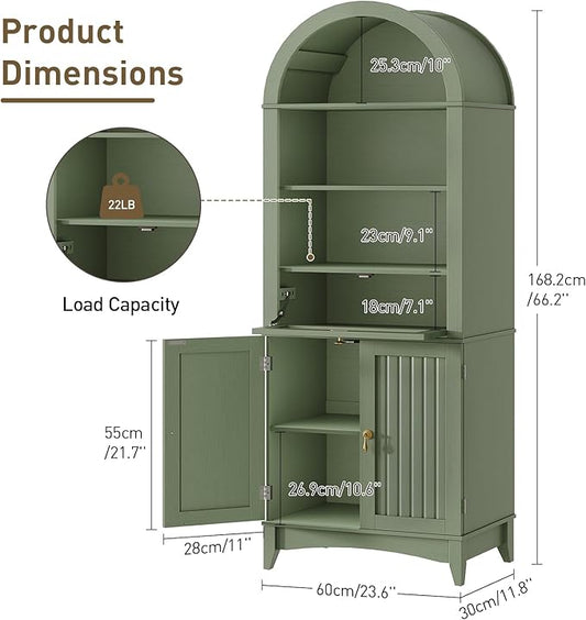 66" Tall Bathroom Storage Cabinet with Flip Drawer, Freestanding Storage Cabinet with Doors & Shelves,Arched Cabinets for Bathroom, Living Room, Kitchen, Laundry, Green