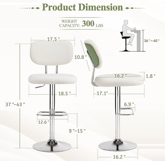 Furniliving Adjustable Bar Stools Set of 4, Modern Teddy Velvet Swivel Barstools with Curved Back, Stylish Armless Counter Height Bar Stools Bar Chairs for Kitchen Island, Bar, Green