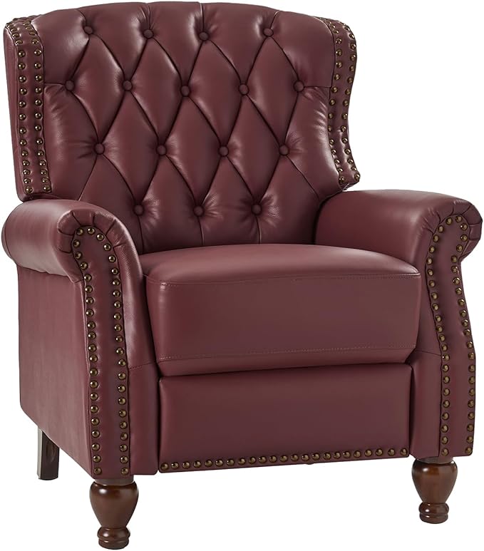HULALA HOME Genuine Leather Recliner Chair with Solid Wood Feet, Modern Adjustable Tufted Push Back Arm Chair w/Rivet Decoration, Home Theater Seating Single Reclining Sofa for Living Room, Burgundy