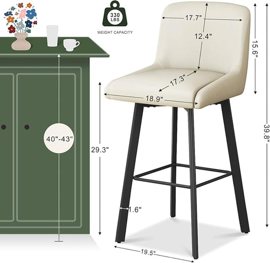 Swivel Bar Stools, 30''H Upholstered Barstools with Backs, Modern Counter Height Bar Stool Chairs for Kitchen Island, Metal Legs (Beige- Faux Leather, Set of 4-30" H)