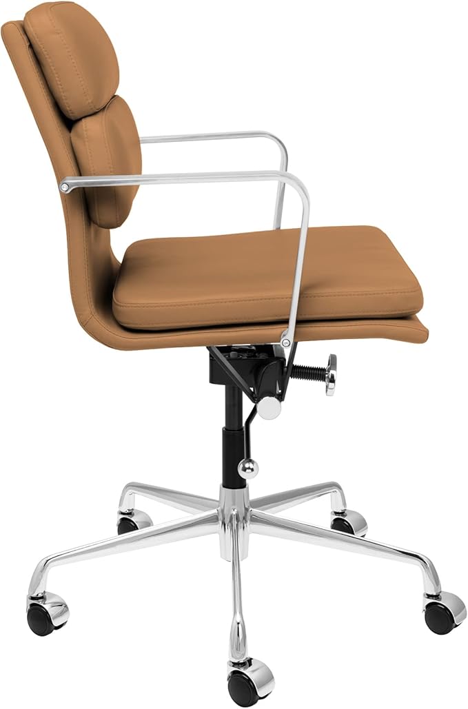 Laura Davidson Furniture SOHO II Padded Management Office Chair - Mid Back Desk Chair with Arm Rest, Swivel & Cushion Availability, Made of Faux Leather, Tan, Computer Chair
