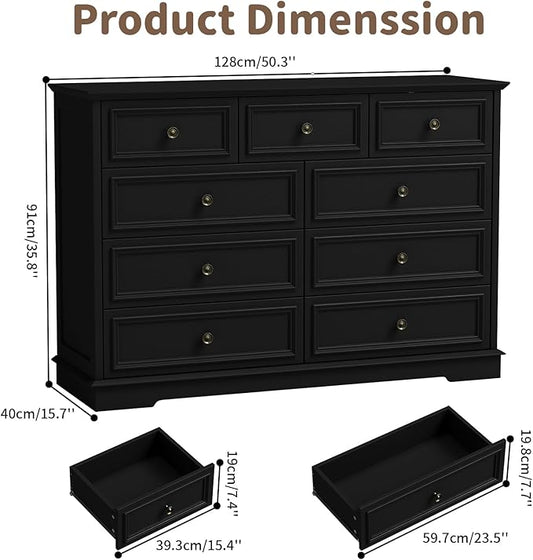 Dresser for Bedroom, 51" Wide Wood 9 Drawers Dresser with Storage, Retro Design Chest of Drawers for Bedroom, Living Room, Dressing Room, Hallway, Black