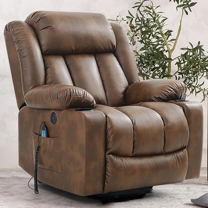 PARKOL Power Lift Recliner Chair for Elderly Breathable Leather Recliner Chair with Massage and Heat for People Limited Mobility (Ochre, Small)