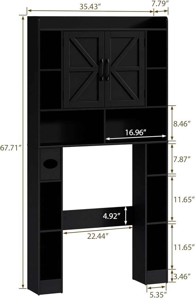 Farmhouse Storage Cabinet Over Toilet with Barn Doors,Over The Toilet Storage Cabinet, Home Space-Saving Toilet Rack, for Bathroom, Restroom, Laundry.Pure Black