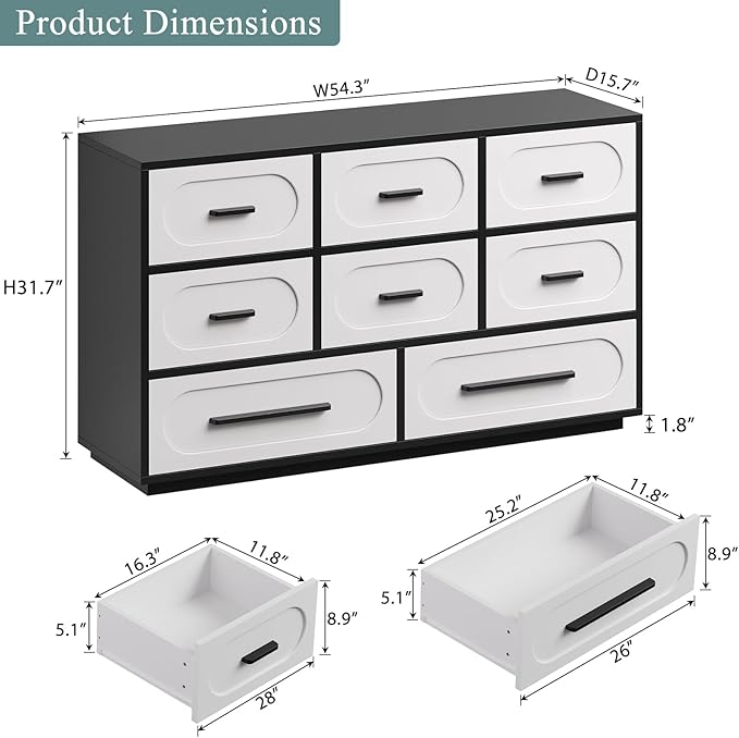Modern 8 Drawer Dresser for Bedroom, 54" Wide Dressers & Chest of Drawers w/Solid Wood Handle, Wood Mid Century Closet Organizers and Storage Cabinet for Bedroom, Living Room, Hallway