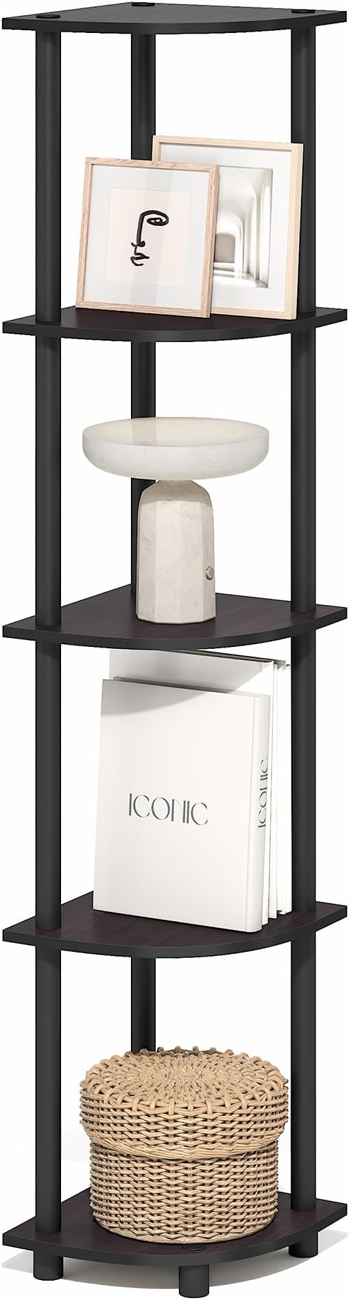Furinno Turn-N-Tube Corner Shelf, 5-Tier Corner Bookshelf, Open Storage Shelves, for Organization and Storage, Living Room, Home Office, Garage, Bedroom, Dark Mocha