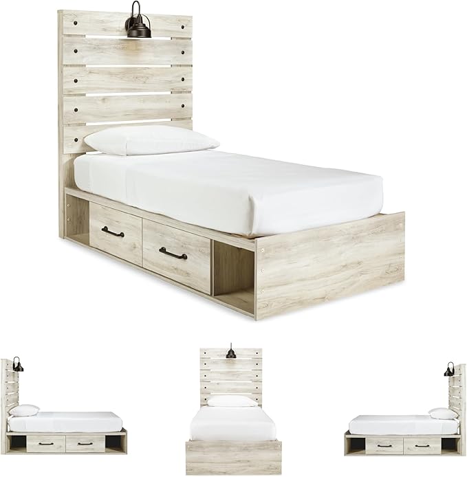 Signature Design by Ashley Cambeck Farmhouse Twin Panel Platform Bed with 2 Storage Drawers, Cubbies, Sconce Light and USB Ports, Foundation or Box Spring Not Needed, Whitewash