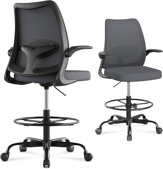 Drafting Chair,Tall Office Chair with Adjustable Footrest Ring,Lumbar Support,Ergonomic High Desk Seat,Flip-Up Armrests,Breathable Mesh Standing Stool for Home Office,Grey