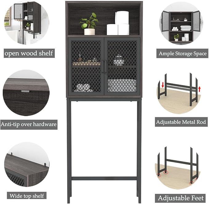 Launica Over The Toilet Storage Cabinet, Industrial Bathroom Organizer Above Toilet, Bathrooms Space Saver Stand with Shelf, Wood and Metal Freestanding Bathrooms Rack Behind The Toilet, Dark Gray Oak