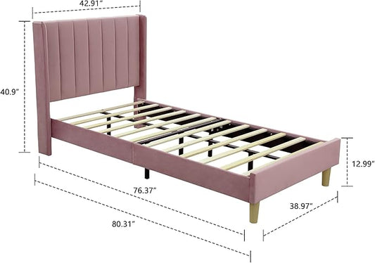 Low Profile Upholstered Platform Bed,Twin Beds with Pink(Velvet)