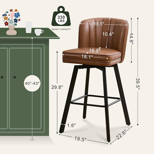 Swivel Counter Height Bar Stools Set of 4, 30'' Modern Barstools with Backs and Metal Legs, Upholstered Bar Chairs, Faux Leather Dark Brown Stools for Kitchen Island Chairs
