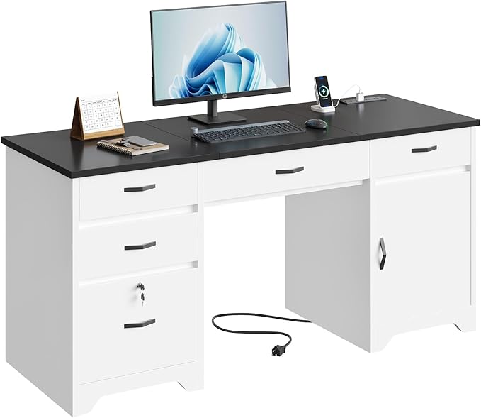 Bestier 59” Office Desk with Lockable Drawers, Modern Computer Desk with File Drawer, Charging Station & Drop-Front Keyboard Drawer, Executive Desk with Storage Cabinet for Home Office & Studio, White