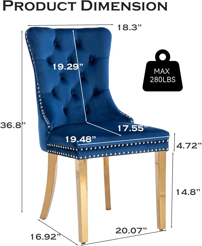 Velvet Upholstered Dining Chairs Set of 8, Modern Style Kitchen Side Chairs with Nailhead Trim and Gold Plated Leg, Metal Pulling Ring for Dining Room Living Room(Blue-Gold Plated Leg)