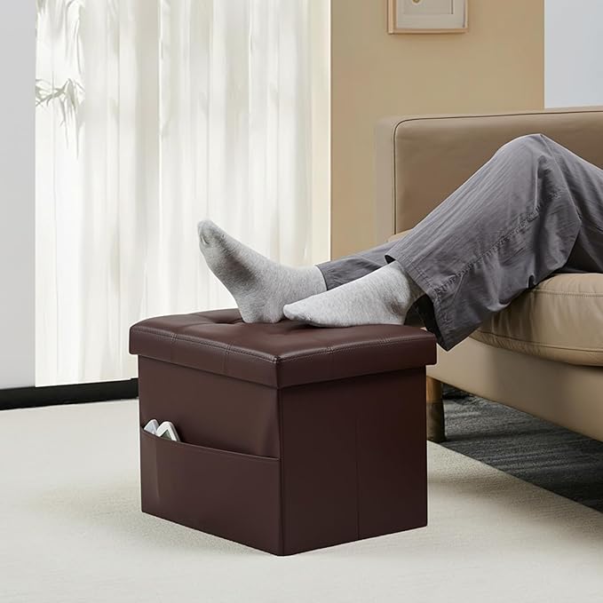 Storage Ottoman Foot Rest Stool, Small Leather Storage Ottomans Bench, Folding Footstool with Side Pockets, Foot Rest Under Desk for Living Room Bedroom, 17x13x13 in, Brown