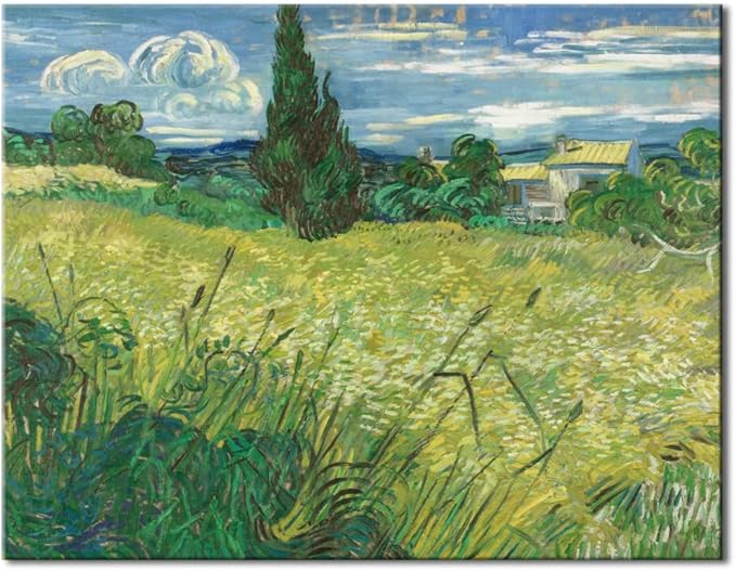 Wieco Art Abstract Canvas Prints Wall Art Green Field 1889 by Van Gogh Famous Oil Paintings Reproduction Artwork Stretched Landscape Picture for Living Room Home Office Decoration