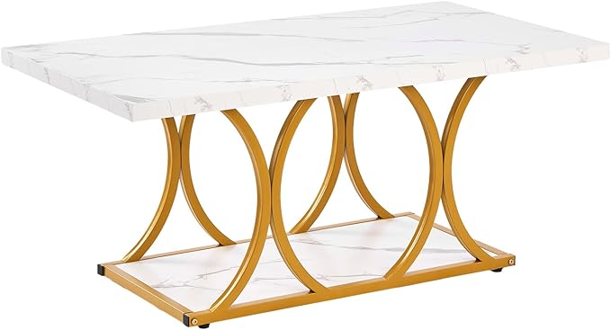 VEVOR Coffee Table, Modern Faux Marble Coffee Table, 2-Tier Rectangle Center Desk with Geometric Legs, Minimalist Sturdy Metal Frame Accent End Desk for Living Room, Office, Easy Assembly, White