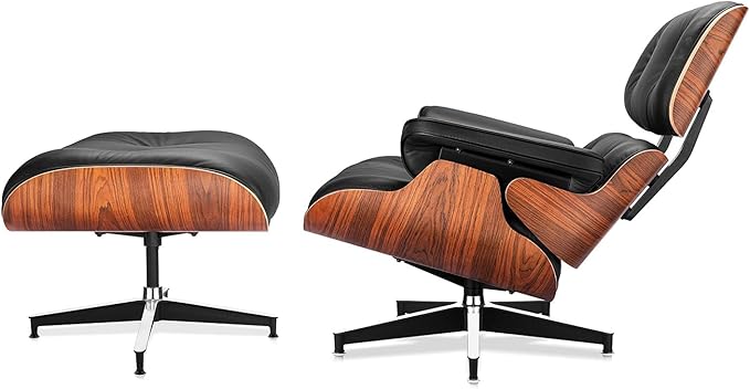Top Black Grain Leather, Mid Century Chaise Lounge Chair and Ottoman, Modern Chair Classic Design, Palisander Wood, Heavy Duty Base Support for Living Room Office