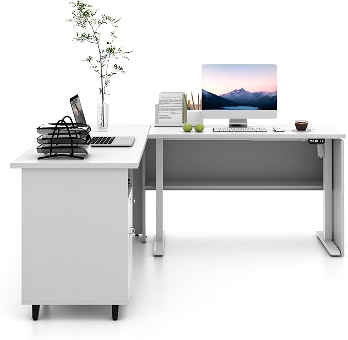 70" W L‑Shaped Executive Standing Desk with Storage Cabinet, Electric Corner Height Adjustable Workstation for Dual Screens, Printer, and Office Essentials