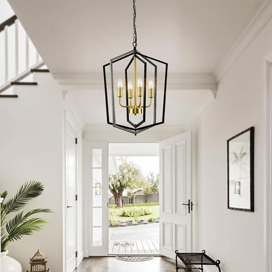 18.1" Chandeliers for Dining Room, 4-Light Farmhouse Foyer Lighting Fixtures, Modern Pendant Lights Kitchen Island, Black and Gold Lantern Pendant Light, for Bedroom, Entryway, Staircase