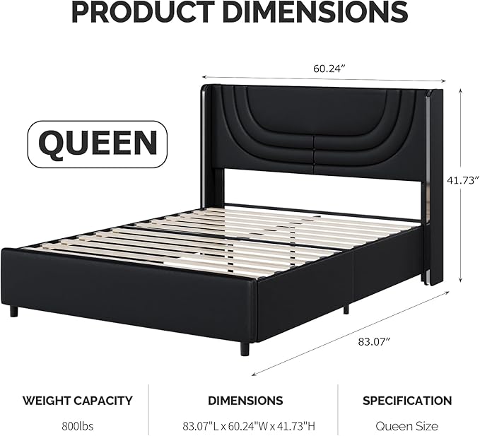 Queen Bed Frame with LED Lights, Faux Leather Upholstered Platform with Silver Wingback Headboard, Modern Style, No Box Spring Needed, Easy Assembly, Black