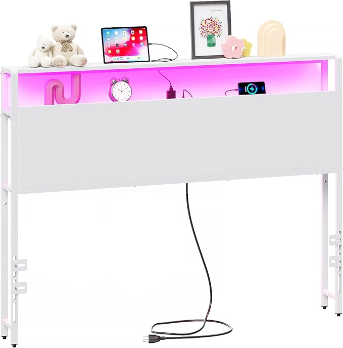 Full Sized Headboard with 2 Tiers Storage Shelves, Sturdy and Stable Headboard with Charging Station, USB Ports and LED Light for Full Bed Frame, White