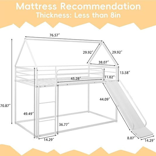 Bunk Bed with Slide for Kids,Bunk Bed Twin Over Twin, Metal Junior House Low Bunk Bed, Toddler Floor Bunk Beds Frame with Guardrail for Kids, Convertible Slide and Ladder Noise Free(New White)