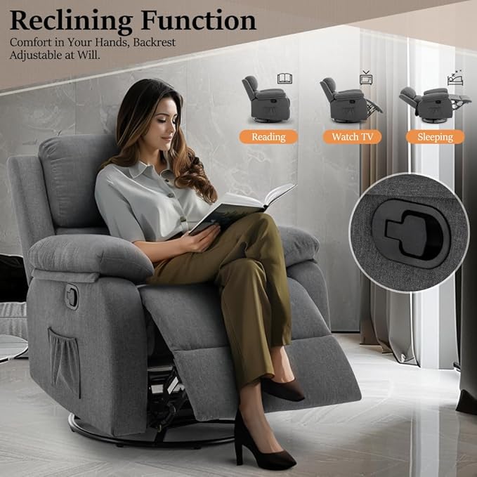 Recliner Chair, 360 Swivel Rocker Chair for Adults, Small Rocking Recliner for Small Spaces, Upholstered Fabric Glider Recliner Nursery Chair with Side Pockets for Living Room, Nursery