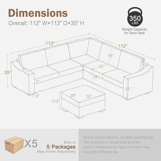 ABCASA 112" Modular Sectional Sofa, Large 7 Seater L Shaped Couch with Detachable Sofa Cover, Movable Ottoman, Deep Seat Corner Couch for Living Room, Apartment - Linen Fabric, Ivory