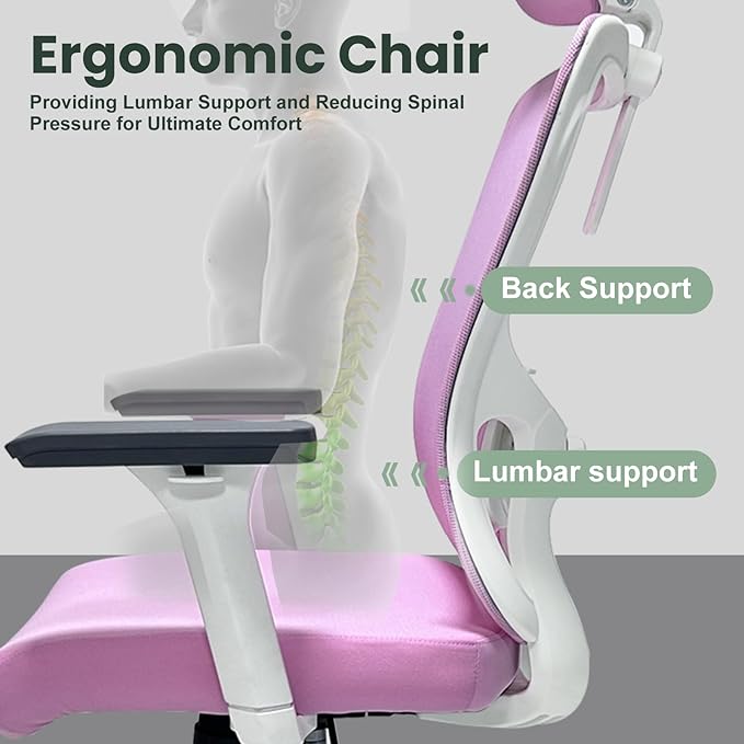 Ergonomic Office Chair - 350LB Mesh Office Chair with Adjustable Lumbar, High Back Computer Desk Chair with 3D Armrests, Comfy Chair with 2D Headrest & Tilt Function for Study, Work, Gaming