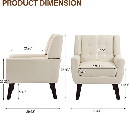 Accent Chair, Modern Fabric Armchair for Living Room, Comfy Upholstered Arm Chair Tufted for Indoor Bedroom Office Room (White)