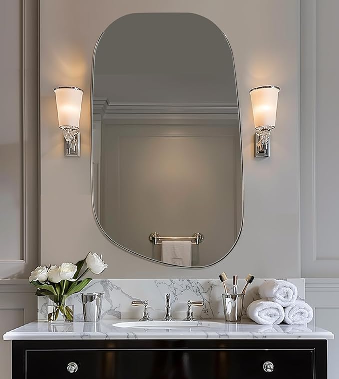 ANDY STAR 24"x40" Irregular Wall Mirror,Polished Chrome Asymmetrical Bathroom Mirror with Stainless Steel Metal Frame, Wall-Mounted Mirror for Bathroom, Entryway (Horizontal/Vertical)