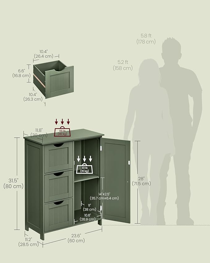 VASAGLE Floor Storage Cabinet, Freestanding Storage Unit with 3 Drawers, 1 Adjustable Shelf, for Bathroom Living Room Dining Kitchen, 11.8 x 23.6 x 31.5 Inches, Forest Green UBBC049C01