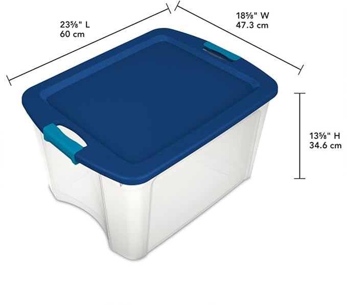 Sterilite 18 Gal Latch and Carry, Stackable Storage Bin with Latching Lid, Plastic Container to Organize Closets, Clear with Blue Lid, 6-Pack