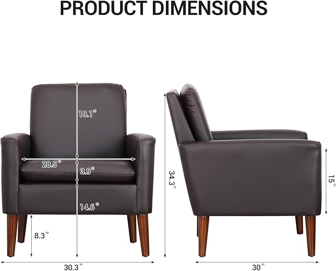 Lohoms Faux Leather Accent Chair, Upholstered Living Room Armchair, Comfortable Reading Leisure Chairs for Bedroom, Guest Room, Waiting Room Furniture Seat- Brown
