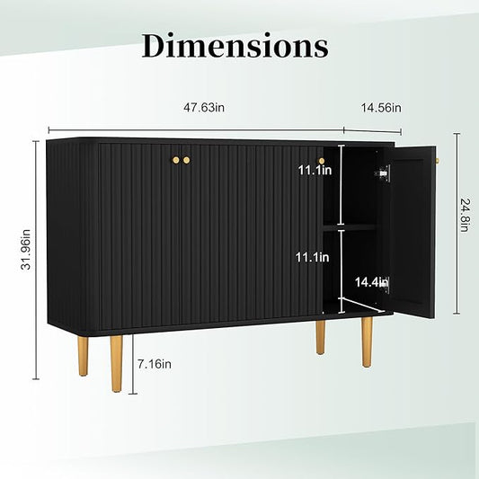 HLR Sideboard Buffet Cabinet, 48" Modern Accent Cabinet with 4 Door and Removable Shelves, Credenza with Storage for Living Room, Dinning Room, Entryway, Black