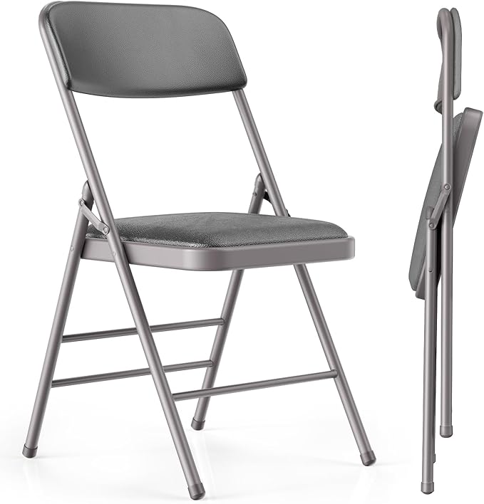 Commercial Grade Folding Chair with Padded Fabric Cushion(16"X16" |Double-hinged Legs Luxury Style|4.5kg Capacity Max Weight 150Kg for Home and Office,Indoor and Outdoor Events (2, PU-Gray)