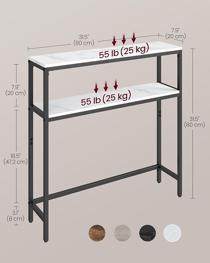 VASAGLE Console Table, 2-Tier Narrow Sofa Table with 2 Shelves, 7.9 x 31.5 x 31.5 Inches, for Living Room, Hallway, Entryway, Marble White and Ink Black ULNT130W59V1