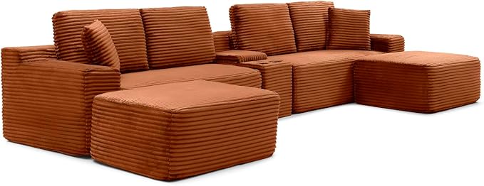 150" Oversized Modular Sectional Sofa,Deep Seat Cloud Corduroy Boneless Couch with Cup Holders,USB Ports, Wireless Charging & Storage Box,Upholstered Modular Sleeper Sofa for Living Room (Orange)